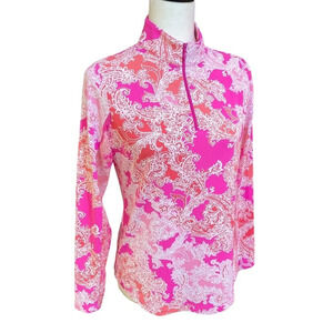IBKUL Pascha Mock Neck Top Long Sleeve Shirt Pink/Coral UPF 50 Golf